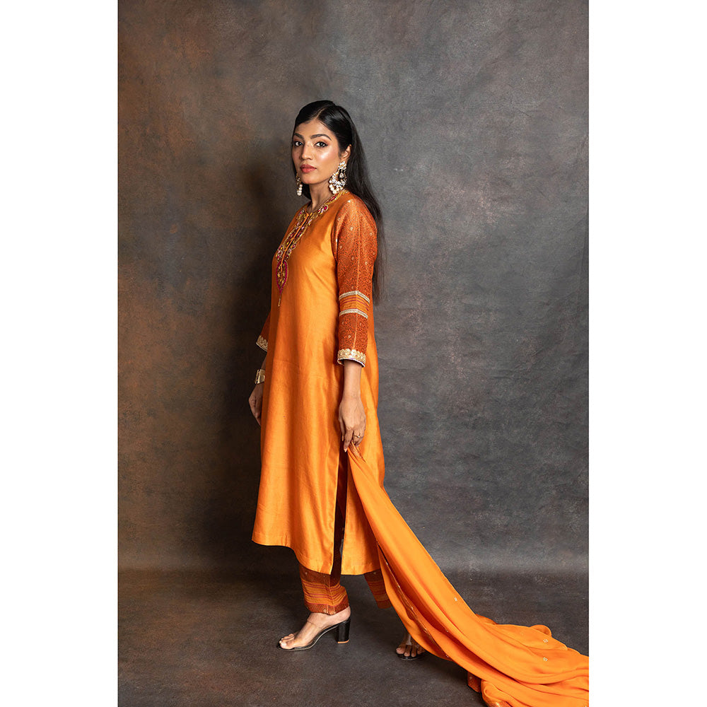 LABEL KIARSH Rust Orange Banarasi Embellished Kurta with Pant and Dupatta (Set of 3)