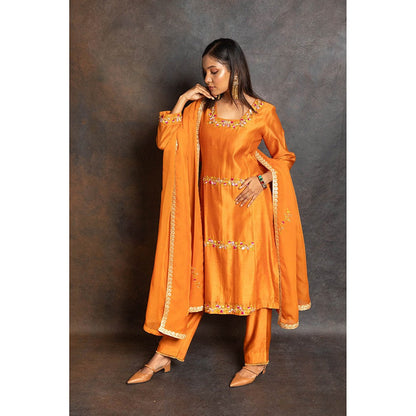 LABEL KIARSH Rust Orange Embellished Kurta with Pant and Dupatta (Set of 3)