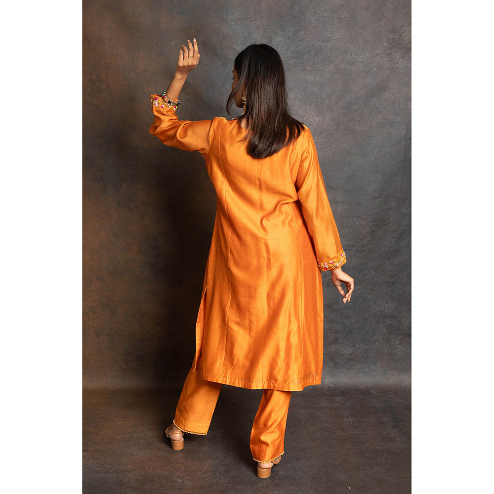 LABEL KIARSH Rust Orange Embellished Kurta with Pant and Dupatta (Set of 3)