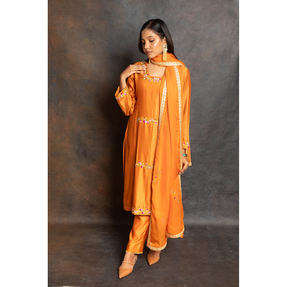LABEL KIARSH Rust Orange Embellished Kurta with Pant and Dupatta (Set of 3)