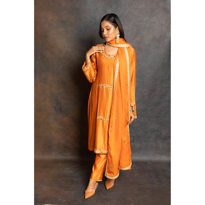 LABEL KIARSH Rust Orange Embellished Kurta with Pant and Dupatta (Set of 3)
