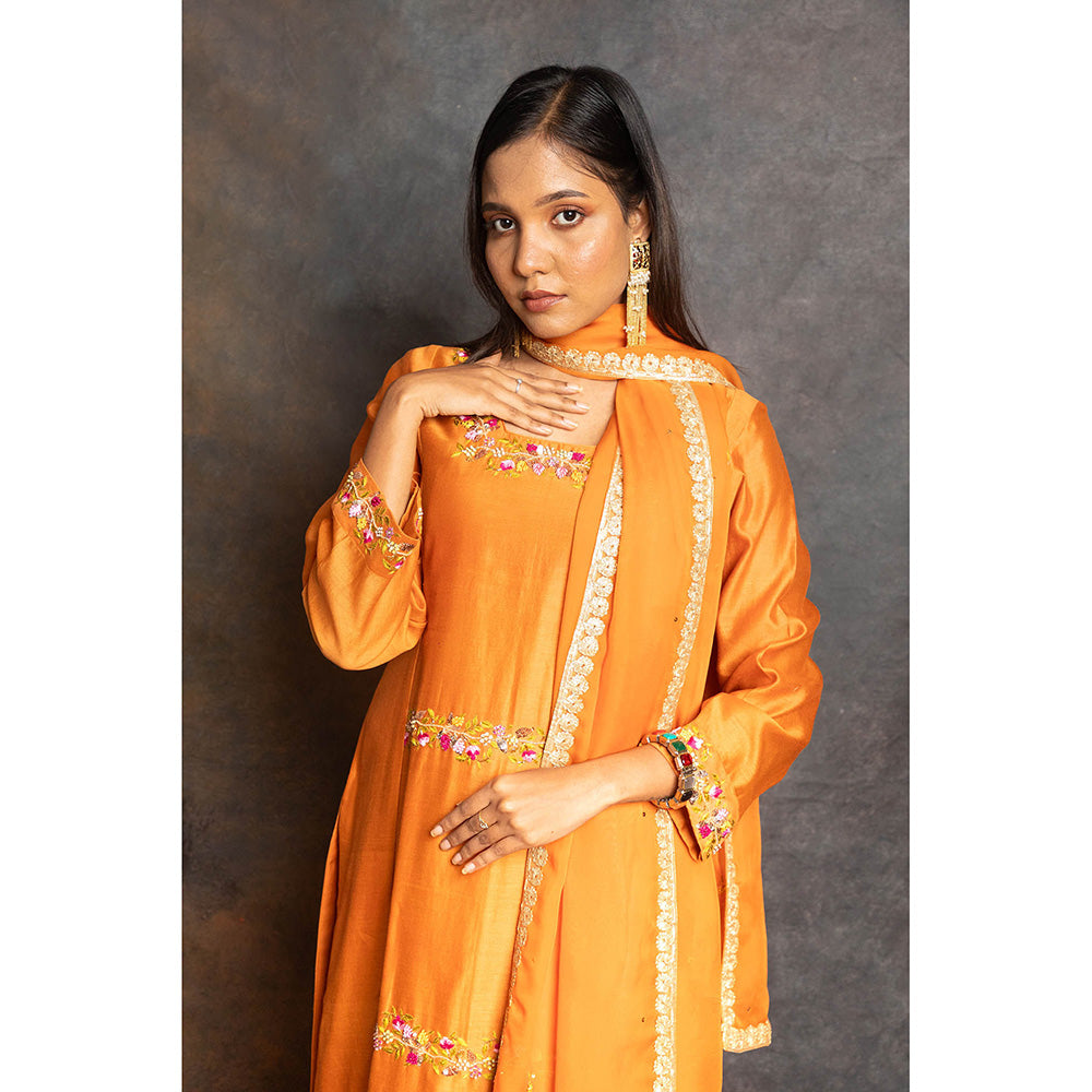 LABEL KIARSH Rust Orange Embellished Kurta with Pant and Dupatta (Set of 3)