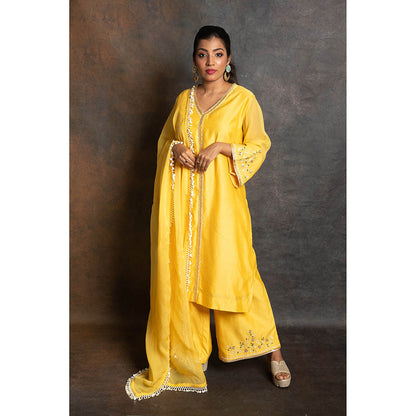 LABEL KIARSH Vivid Yellow Embellished Kurta with Palazzo and Dupatta (Set of 3)
