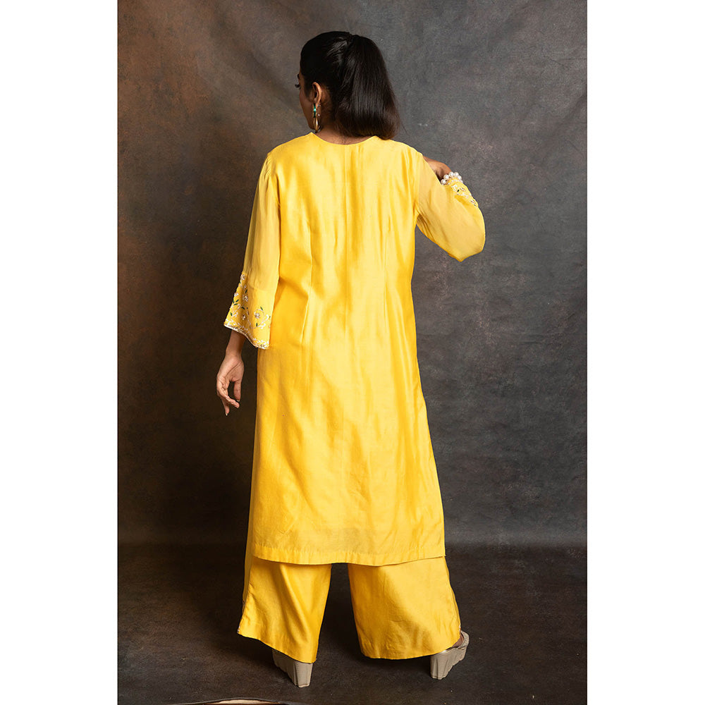 LABEL KIARSH Vivid Yellow Embellished Kurta with Palazzo and Dupatta (Set of 3)