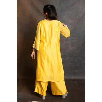 LABEL KIARSH Vivid Yellow Embellished Kurta with Palazzo and Dupatta (Set of 3)