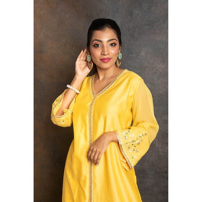 LABEL KIARSH Vivid Yellow Embellished Kurta with Palazzo and Dupatta (Set of 3)