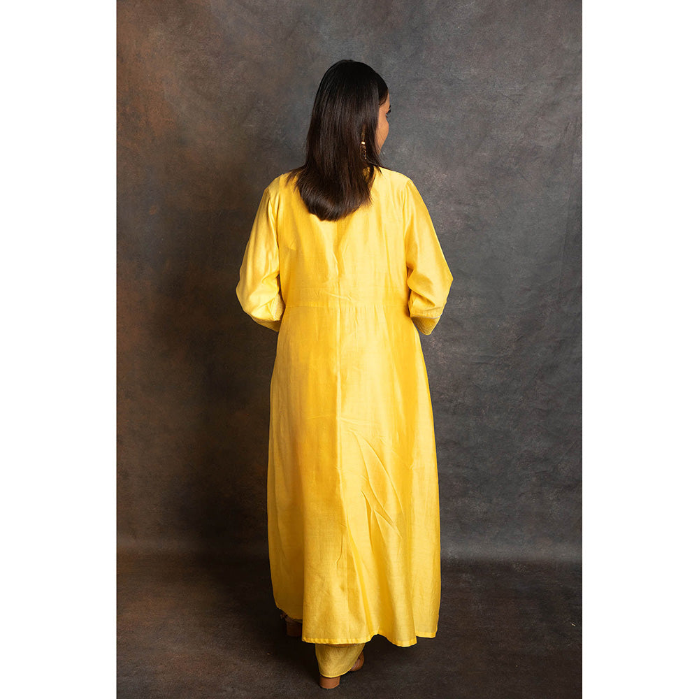 LABEL KIARSH Vivid Yellow Flared Jacket with Pant and Trouser (Set of 4)