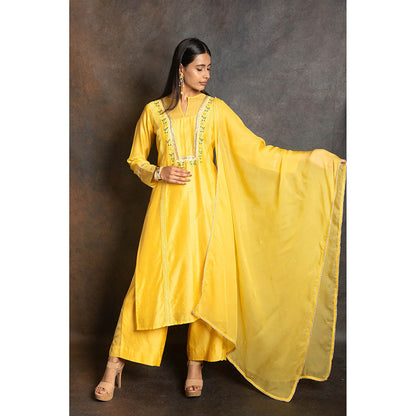 LABEL KIARSH Vivid Yellow Embellished Kurta with Palazzo and Dupatta (Set of 3)