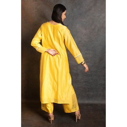 LABEL KIARSH Vivid Yellow Embellished Kurta with Palazzo and Dupatta (Set of 3)