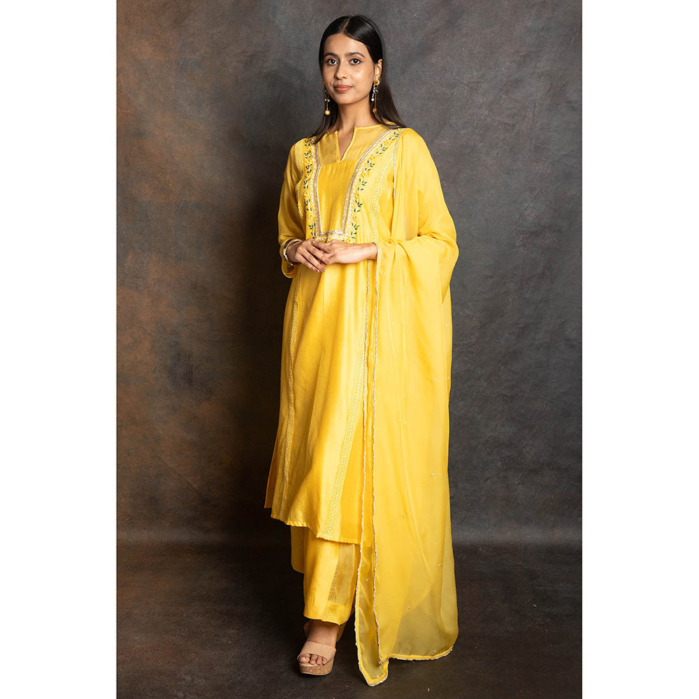 LABEL KIARSH Vivid Yellow Embellished Kurta with Palazzo and Dupatta (Set of 3)