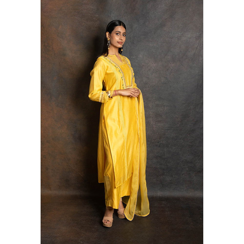 LABEL KIARSH Vivid Yellow Embellished Kurta with Palazzo and Dupatta (Set of 3)
