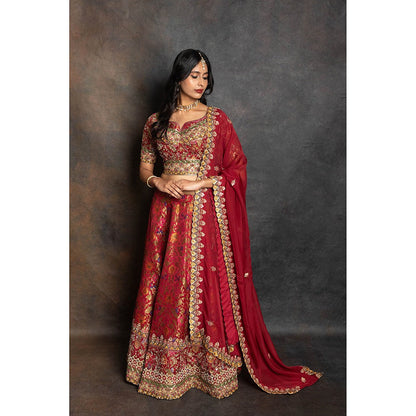 LABEL KIARSH Bridal Red Lehenga with Blouse and Dupatta (Set of 3)