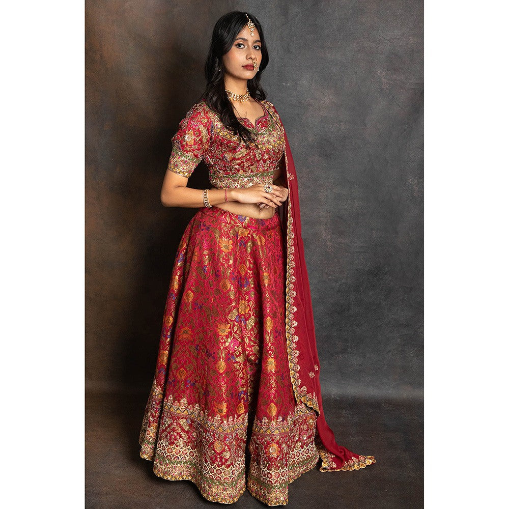 LABEL KIARSH Bridal Red Lehenga with Blouse and Dupatta (Set of 3)