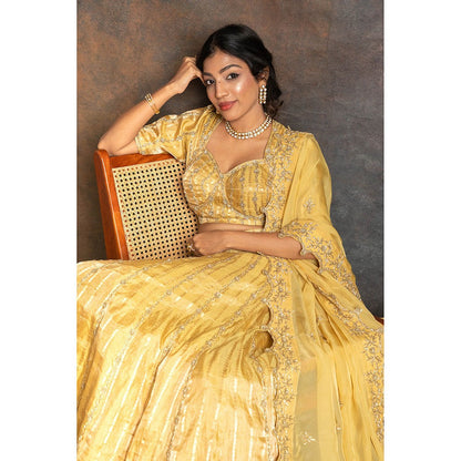 LABEL KIARSH Fusion Gold Lehenga with Blouse and Dupatta (Set of 3)