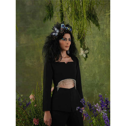 Label Iris Black Embellished Cut Out Crop Top