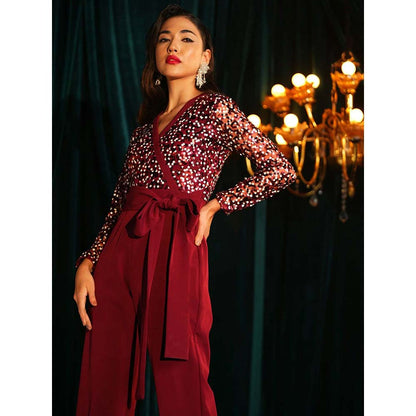 Label Iris Maroon Sequin Tye Jumpsuit