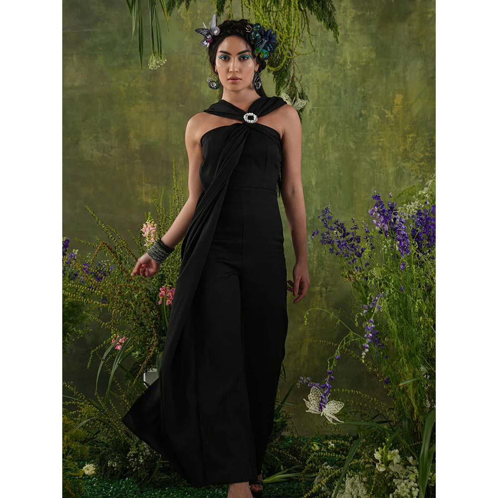 Label Iris Black Front Drape Jumpsuit