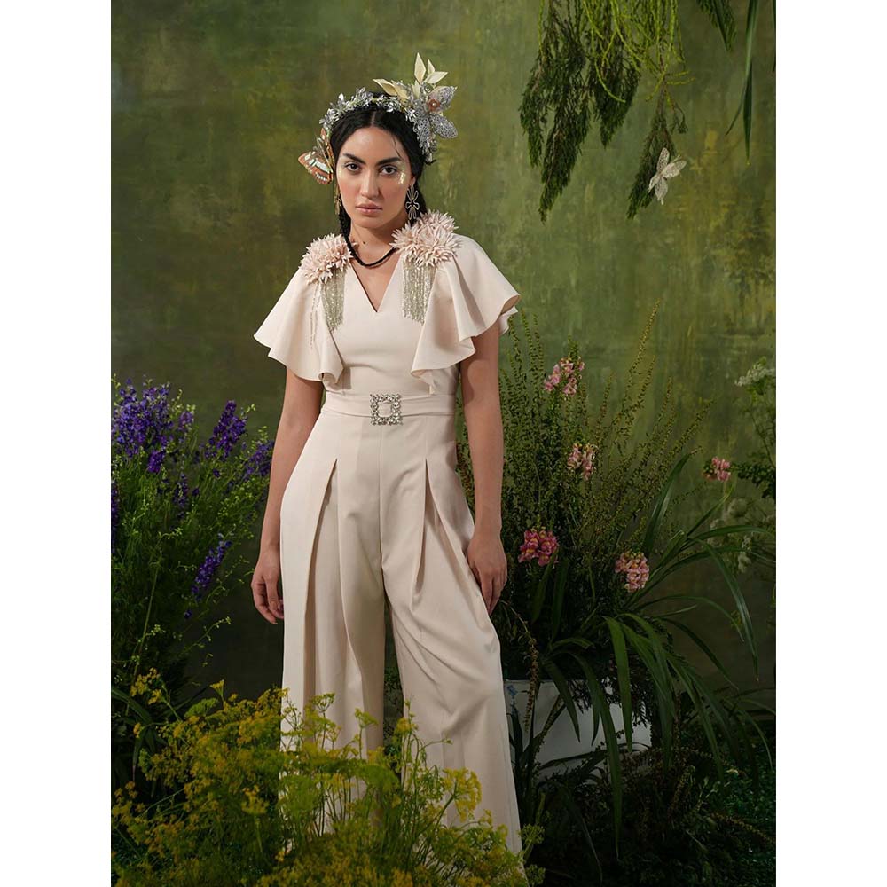 Label Iris Cream Embellished Pleated Jumpsuit