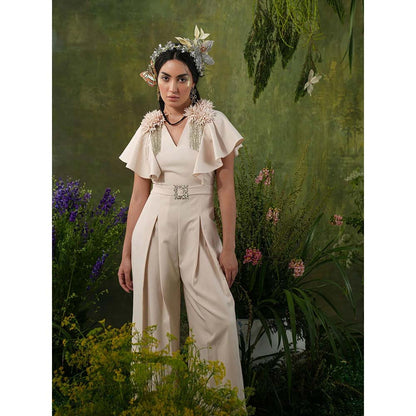 Label Iris Cream Embellished Pleated Jumpsuit
