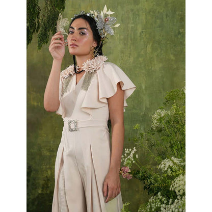 Label Iris Cream Embellished Pleated Jumpsuit