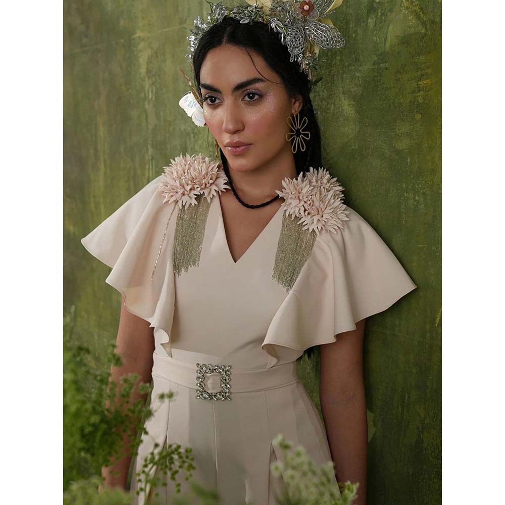 Label Iris Cream Embellished Pleated Jumpsuit