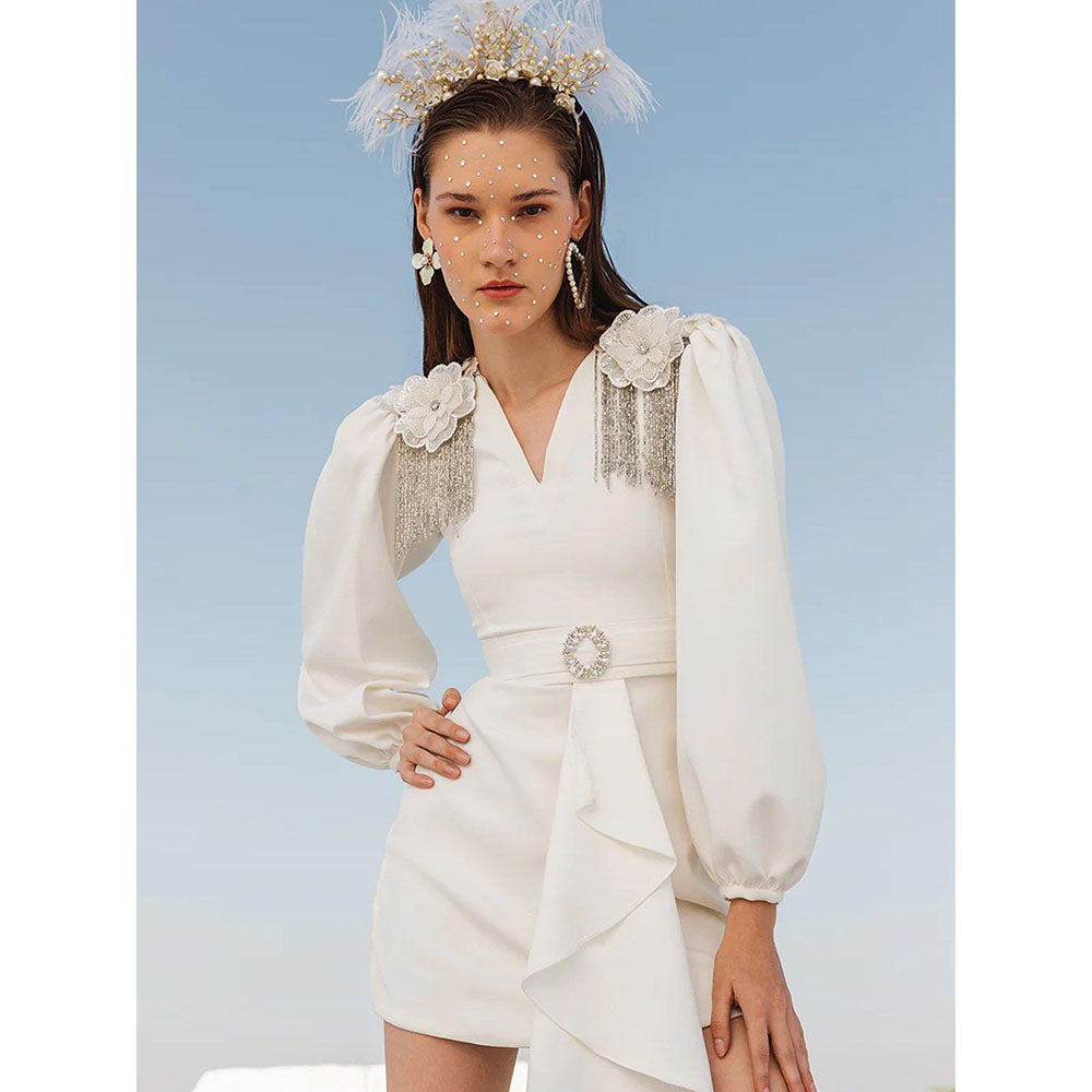 Label Iris Ivory Draped Embellished Mini Dress