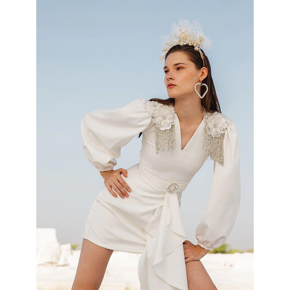 Label Iris Ivory Draped Embellished Mini Dress