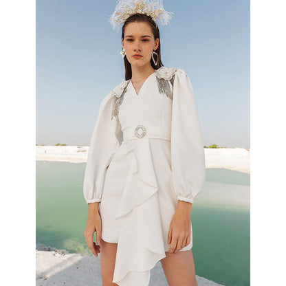 Label Iris Ivory Draped Embellished Mini Dress