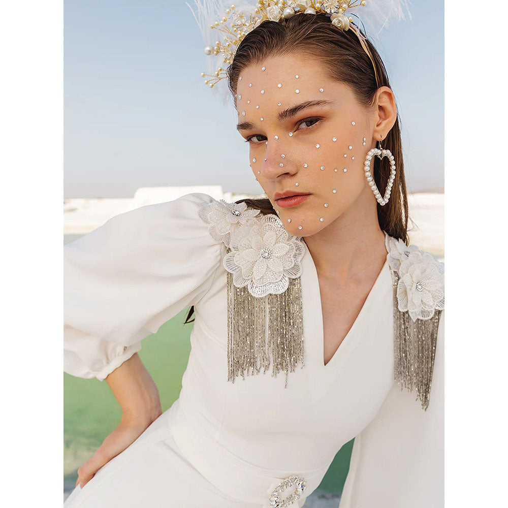 Label Iris Ivory Draped Embellished Mini Dress