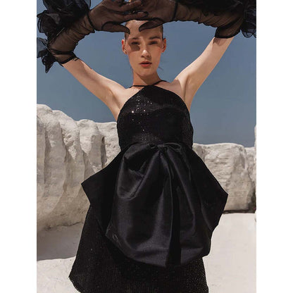 Label Iris Black Bow Sequin Mini Dress