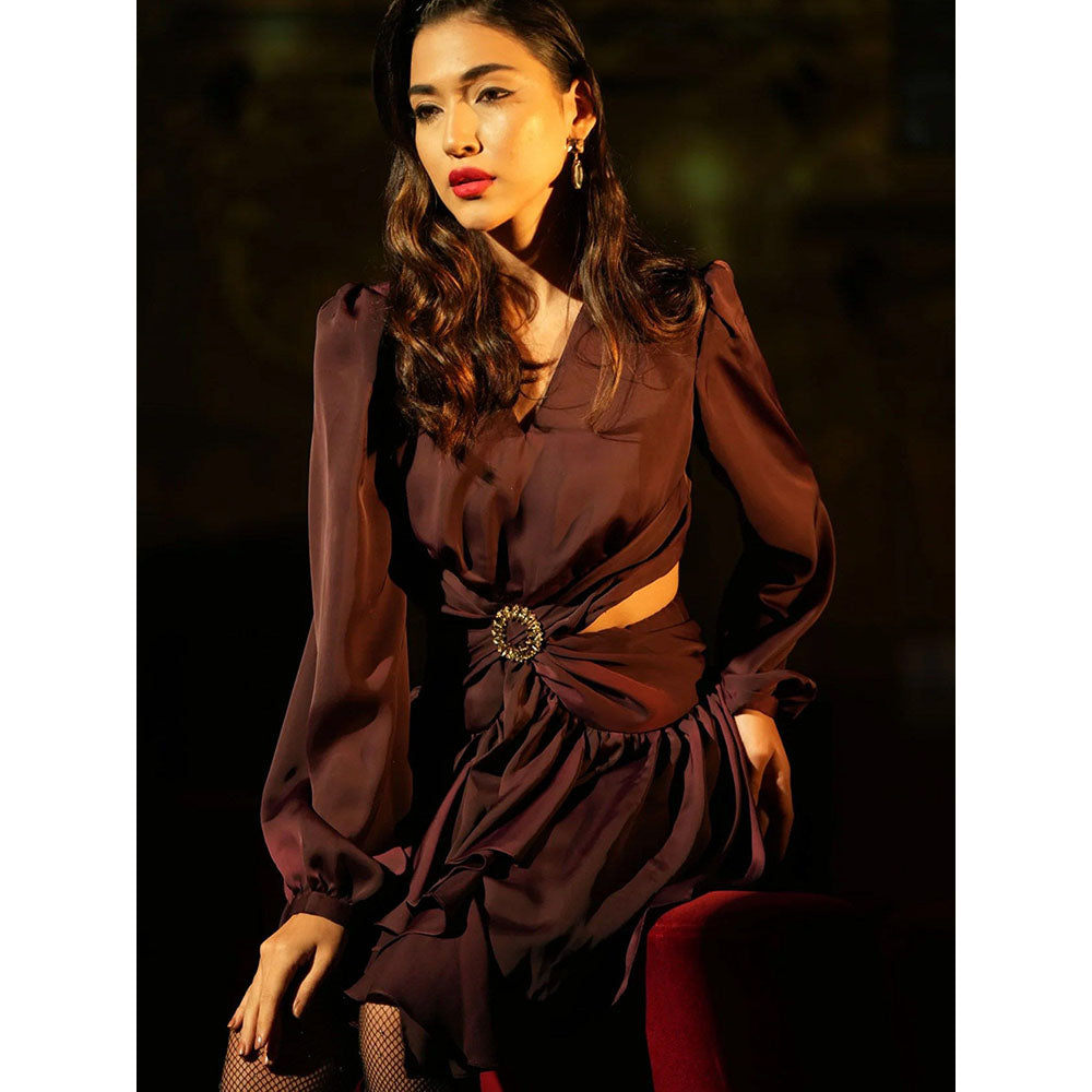 Label Iris Wine Ruffle Cut Out Mini Dress