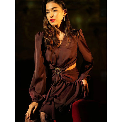 Label Iris Wine Ruffle Cut Out Mini Dress