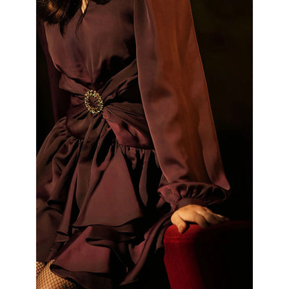 Label Iris Wine Ruffle Cut Out Mini Dress