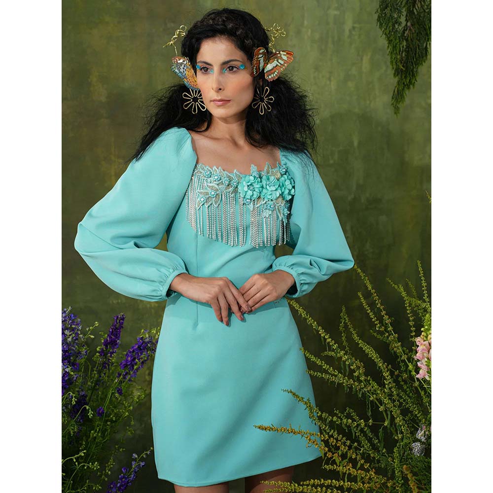 Label Iris Cyan Blue Embellished Mini Dress