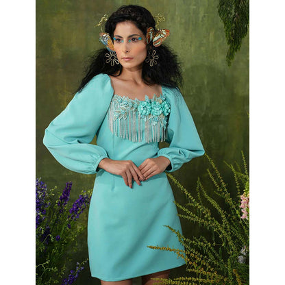 Label Iris Cyan Blue Embellished Mini Dress