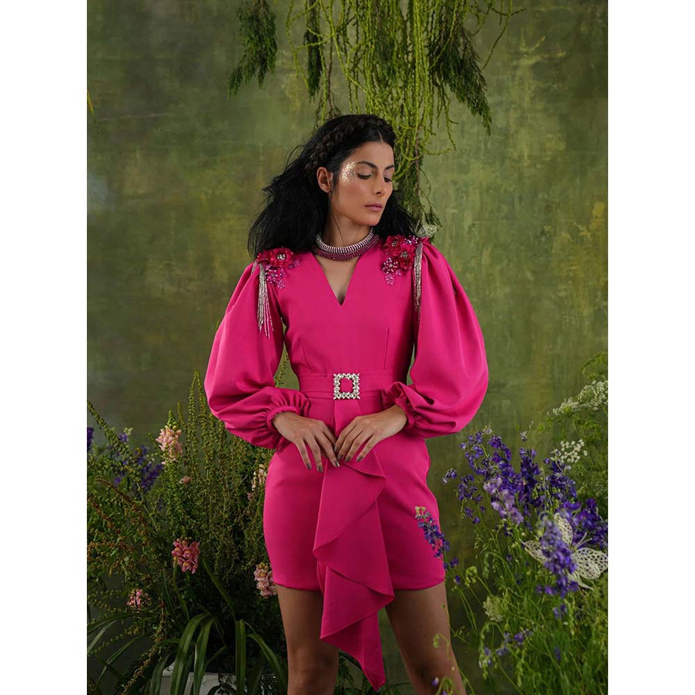 Label Iris Fuchsia Pink Draped Embellished Mini Dress
