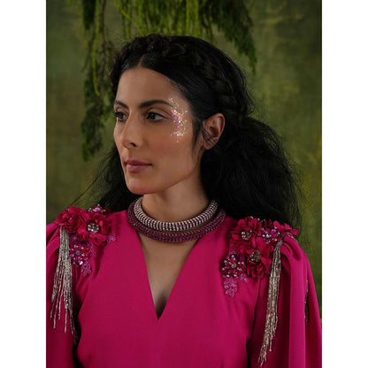 Label Iris Fuchsia Pink Draped Embellished Mini Dress