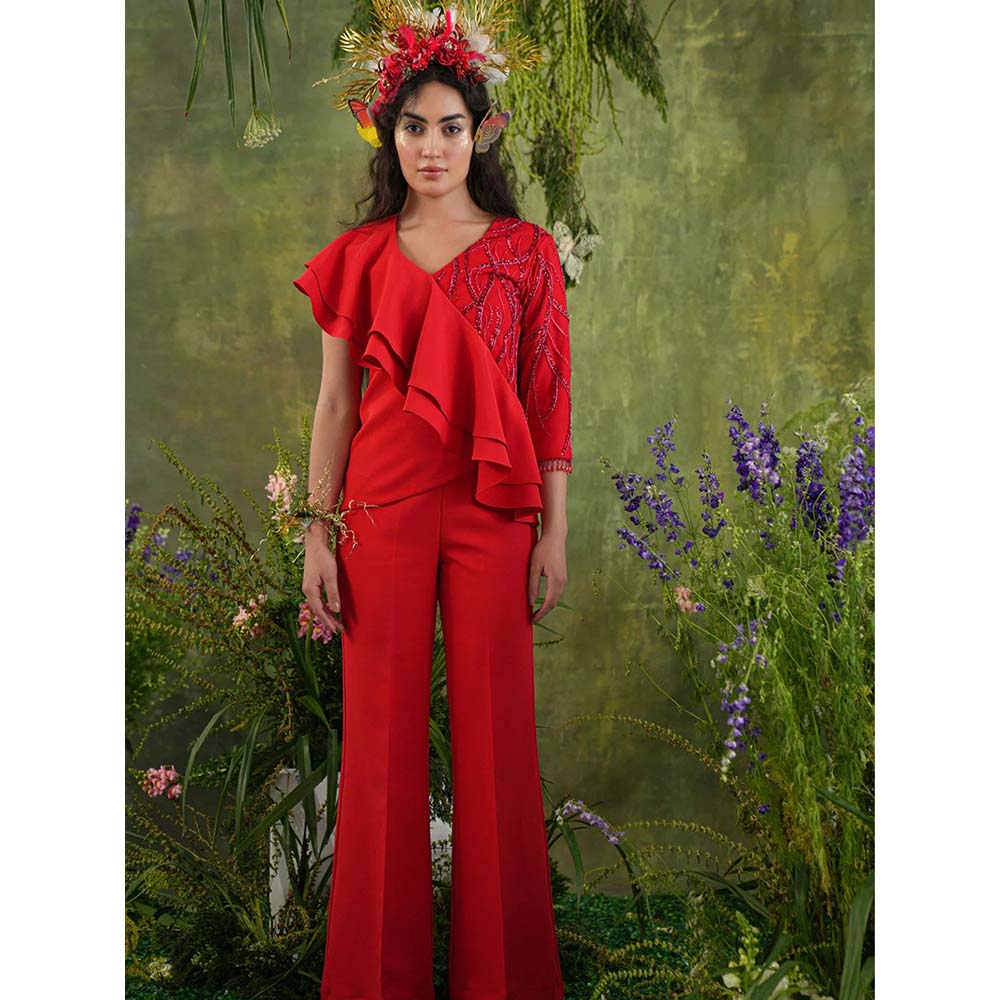 Label Iris Red Embellished Ruffle Co-Ord (Set of 2)