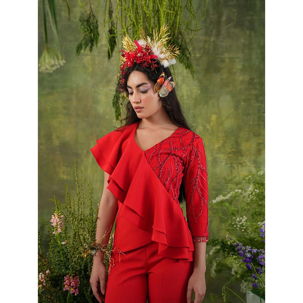 Label Iris Red Embellished Ruffle Co-Ord (Set of 2)