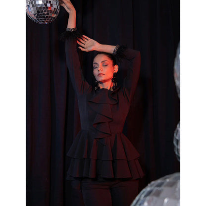 Label Iris Black Ruffle & Feather Top