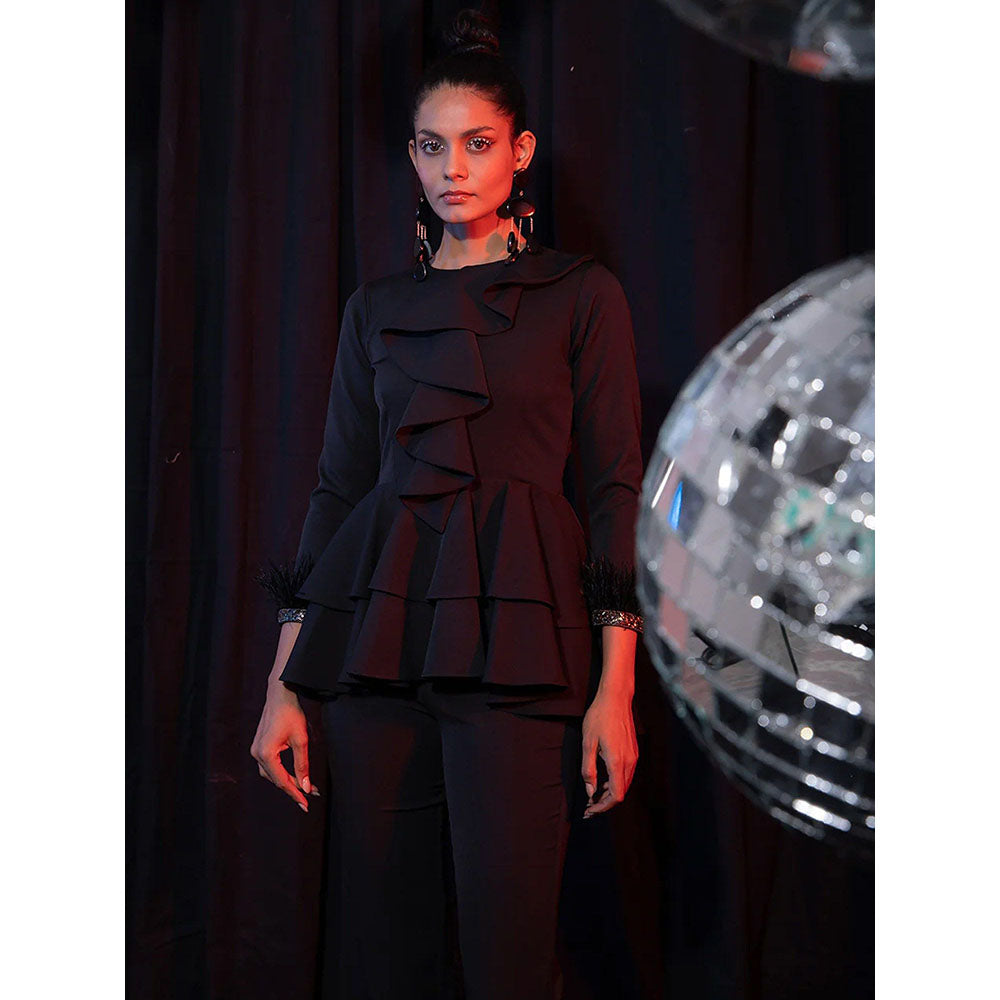 Label Iris Black Ruffle & Feather Top