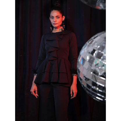 Label Iris Black Ruffle & Feather Top