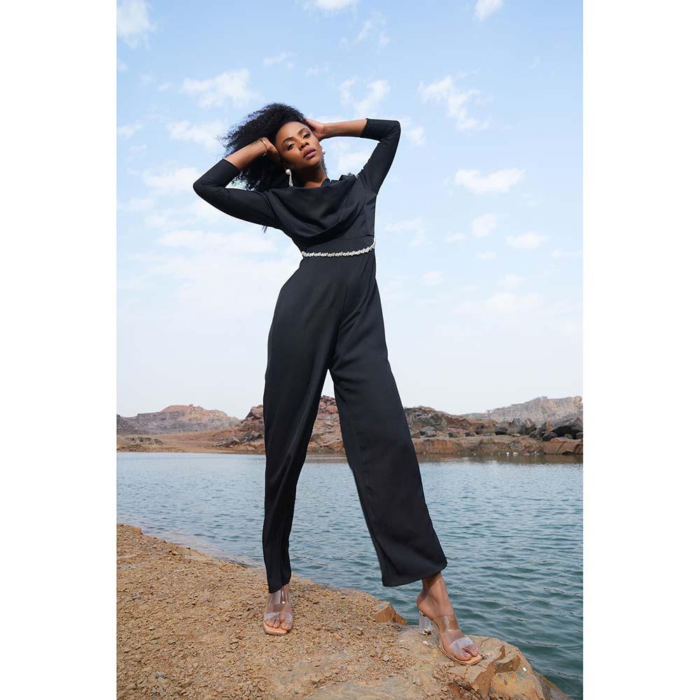 Label Iris Black Cowl Embellished Jumpsuit