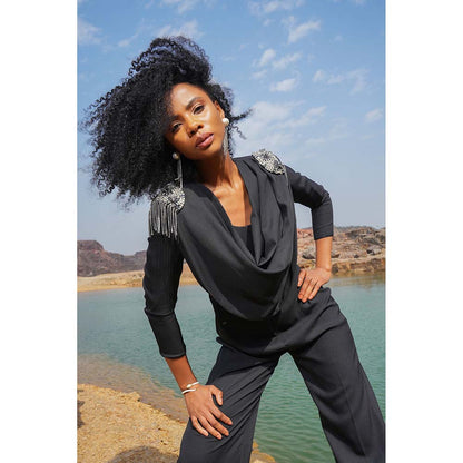 Label Iris Black Cowl Embellished Jumpsuit