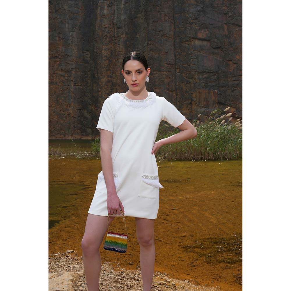 Label Iris Ivory Feather Embellished Pocket Dress