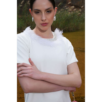 Label Iris Ivory Feather Embellished Pocket Dress