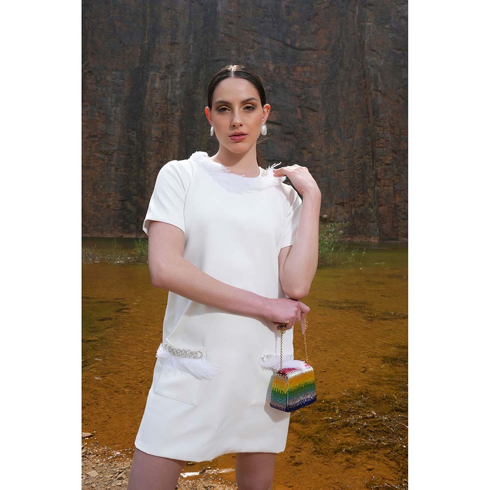 Label Iris Ivory Feather Embellished Pocket Dress