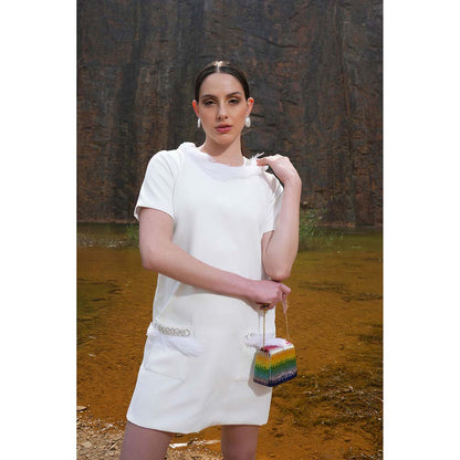 Label Iris Ivory Feather Embellished Pocket Dress