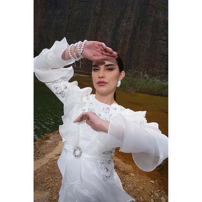 Label Iris Ivory Embellished Ruffle Dress With Belt (set of 2)