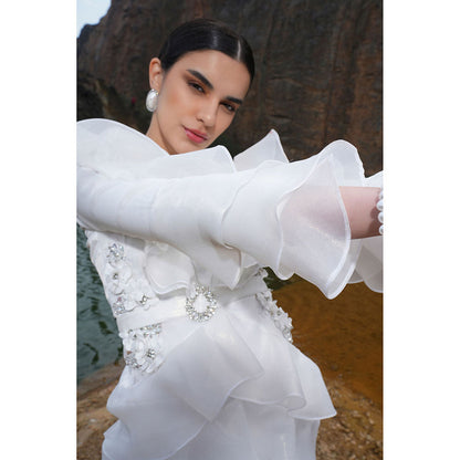 Label Iris Ivory Embellished Ruffle Dress With Belt (set of 2)